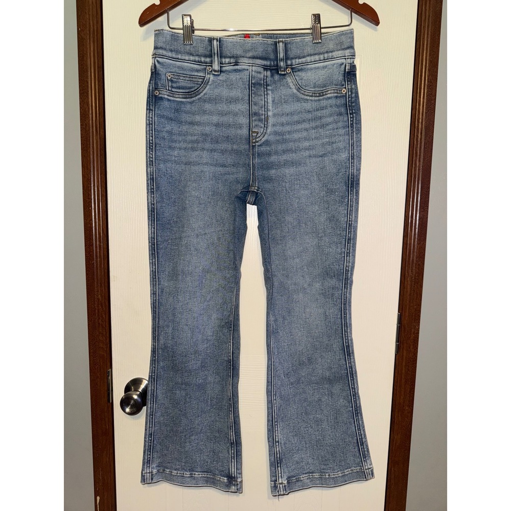 Spanx Flare Jeans Sz Medium Petite Blue High Rise Pull On Stretch Denim 20400R